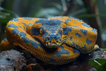 Fototapeta premium Reticulated Python: Coiled around a tree trunk, displaying its impressive size and pattern.