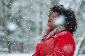 A vibrant, winter-themed image featuring a woman in a striking red coat, standing amidst a gentle snowfall
