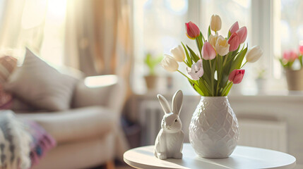 Vase with tulips and Easter bunnies on end table in li