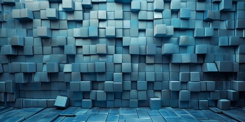 A blue wall made of blocks with a few missing pieces