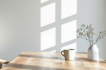 Coffee cup on wooden table with shadow on a white wall.
