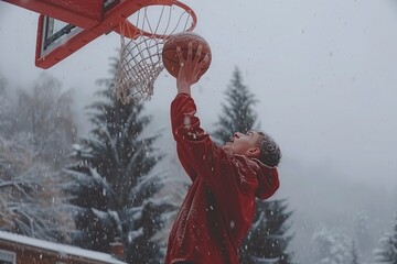 Young Man Playing Basketball in the Snow