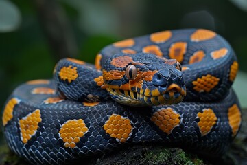 Fototapeta premium Reticulated Python: Coiled around a tree trunk, displaying its impressive size and pattern.