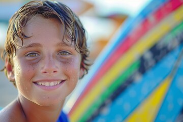 Close-up shot of a happy young boy holding a vibrant surfboard, with water drops on his face and curly hair