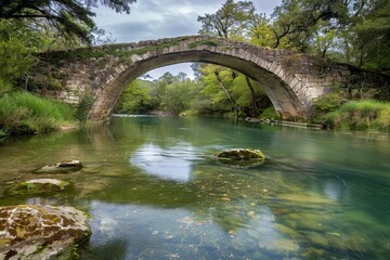 Fototapeta premium Serenade of Stones: Idyllic Stone Bridge over Crystal River