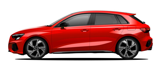 Realistic vector illustration red car in side view, isolated in transparent background.