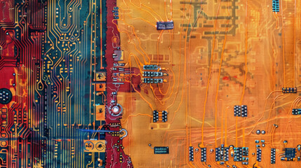 A detailed shot of a printed circuit board on a textile created by using conductive paints. The tiny electrical pathways can be seen leading to different components.
