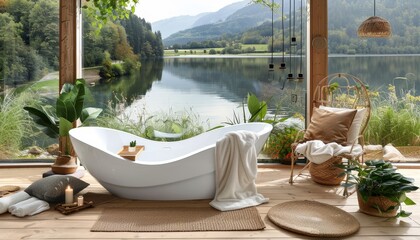 Sophisticated white freestanding bathtub in a serene bathroom with elegant and luxurious decor