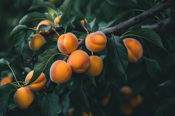 Close-up of fresh, juicy apricots hanging on a tree branch in a sunny orchard setting
