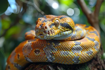 Fototapeta premium Reticulated Python: Coiled around a tree trunk, displaying its impressive size and pattern.