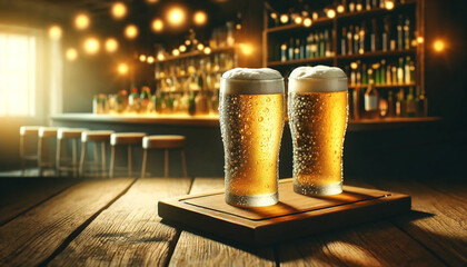 Cold glasses of beer on bar background