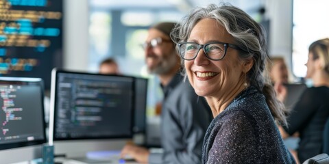 Collaboration, mentoring, and programming with businesspeople in office for coding, development, or IT. Meeting, code review, and feedback with digital agency staff cybersecurity