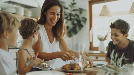 Fototapeta premium Happy family lunch with woman carving chicken, dinner, and food in dining room or celebration event. Brunch in the family house with love, happiness, and laughter