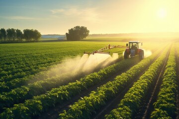 Tractor spraying pesticides agriculture plantation outdoors. - obrazy, fototapety, plakaty