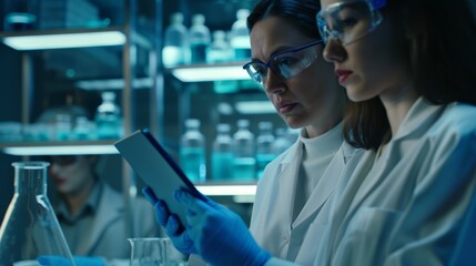 Scientific research, team, and tablet in lab for tests, medical reports, and study. Biotechnology, health, and scientists using digital tech for data analysis, inquiry, and analytics