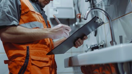 Plumber writing, sink maintenance document and plumbing check of a handyman in a kitchen. Water installation, home repair checklist, and household builder for construction and inspection