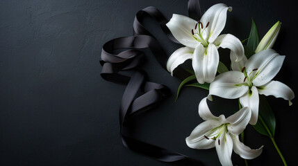 White lily flowers and black funeral ribbon on dark background