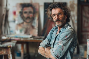 Portrait of a confident male artist in his studio with a completed painting
