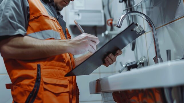 Plumber writing, sink maintenance document and plumbing check of a handyman in a kitchen. Water installation, home repair checklist, and household builder for construction and inspection