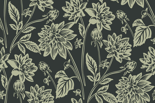 dahlia floral Victorian Damask vintage surface pattern , green flora Luxury Decorative Fabric Pattern. HAND DRAWN botanical BLOCK PRINT all over  linecut seamless