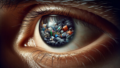Naklejka premium Environment. Trash. Problem. A human eye reflecting an image of trash. The eye is detailed and expressive. A thought-provoking close-up. Ecology Care, Renewable Concept.