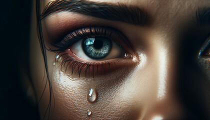 A close-up of a woman's sad eyes with tears. The deep emotion and sorrow in her eyes. Her eyes are expressive and filled with tears. Emotion concept.