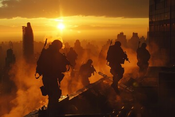 Soldiers in silhouette against a glowing sunrise backdrop, emphasizing the intense atmosphere