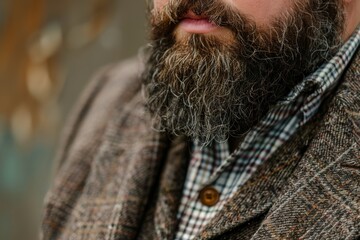A detailed image capturing the texture of a thick beard and classic tweed fabric on a mature man Focus on personal style