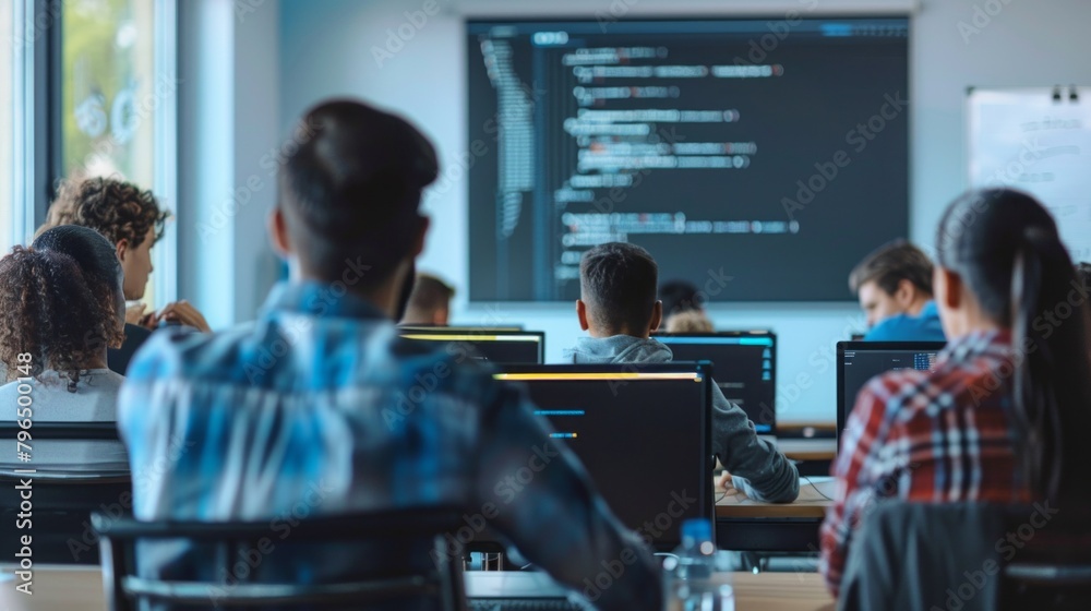 Poster a group of people are sitting in front of a computer monitor with a black screen