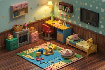 A vibrant and neatly organized children's playroom filled with toys, play areas, and furniture, depicting childhood and creativity