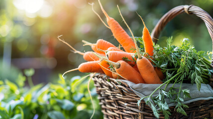 Wicker basket with fresh carrots closeup