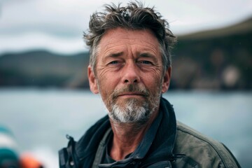 Close-up portrait of a mature man with a thoughtful gaze and sea background, expressing character and life experience - obrazy, fototapety, plakaty