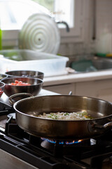 Large frying pan with frying onion, in the bottom bowl with pepper and other ingredients prepared for the sofrito according to their cooking time.
