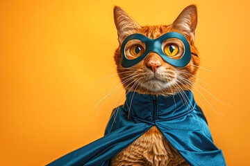 Superhero cat in blue costume and mask, vigilant feline guardian