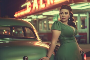 Framed against a retro car and neon lights, a woman stands in a 1950's fashion-inspired green dress