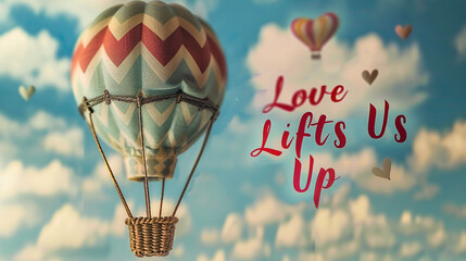 A whimsical hot air balloon ride with the words "Love Lifts Us Up" in playful font.