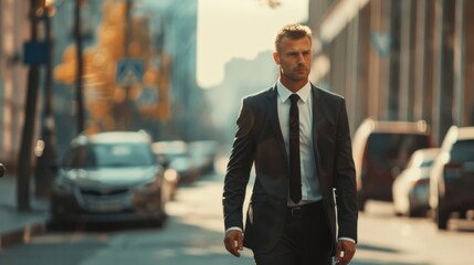 Confident Middle-aged businessman walking on city street, mature male executive in suit going near office building, - Powered by Adobe