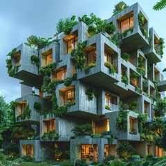 Fototapeta na wymiar Green Building Integration: Showcase a white building integrated with green features like vertical gardens, rooftop vegetation, or sustainable materials. Generative AI