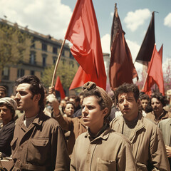 Protests in the streets in the past. Protesters, post-war, red flags, historical photos,...