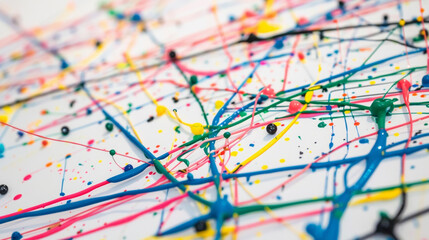 A series of colorful wires crisscrossing over a large sheet of white paper covered in splatters and splotches of various conductive paints symbolizing the many ways to connect - obrazy, fototapety, plakaty
