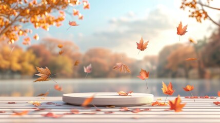 wooden podium render autumn mood falling foliage