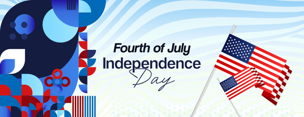 Obraz premium United States Independence Day wide banner in colorful modern geometric style. USA National Day greeting card cover on 4th of July with country flag. Vector illustration celebrating national holidays