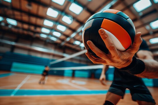 Player s hands setting volleyball for spike, illustrating teamwork in summer olympic sport concept