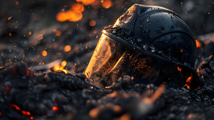 A close-up, low-angle shot of a firefighter's helmet and jacket discarded on a charred forest floor, scarred and soot-stained, conveying the intensity of the battle through realistic 