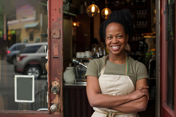 Confident owner in front of the bistro