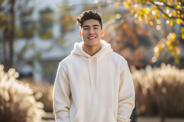 Smiling youth in hoodie during autumn