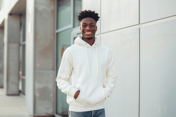 Young man with a smile wearing a white hoodie