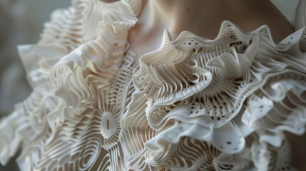 Tucking into the intricate details of a 3Dprinted dress we can see the precise layers and intricate patterns that create a oneofakind garment. This technology allows for customization - obrazy, fototapety, plakaty