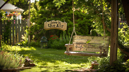 A whimsical garden swing with the words "Love is in the Air" in playful font.