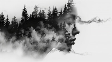 Ethereal fusion of mystical forest and wistful woman in monochrome dreamscape. Blend of a silhouette with a misty pine forest, invoking a dreamlike connection with nature. Double exposure